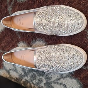 INC silver and rhinestone slip on shoes
